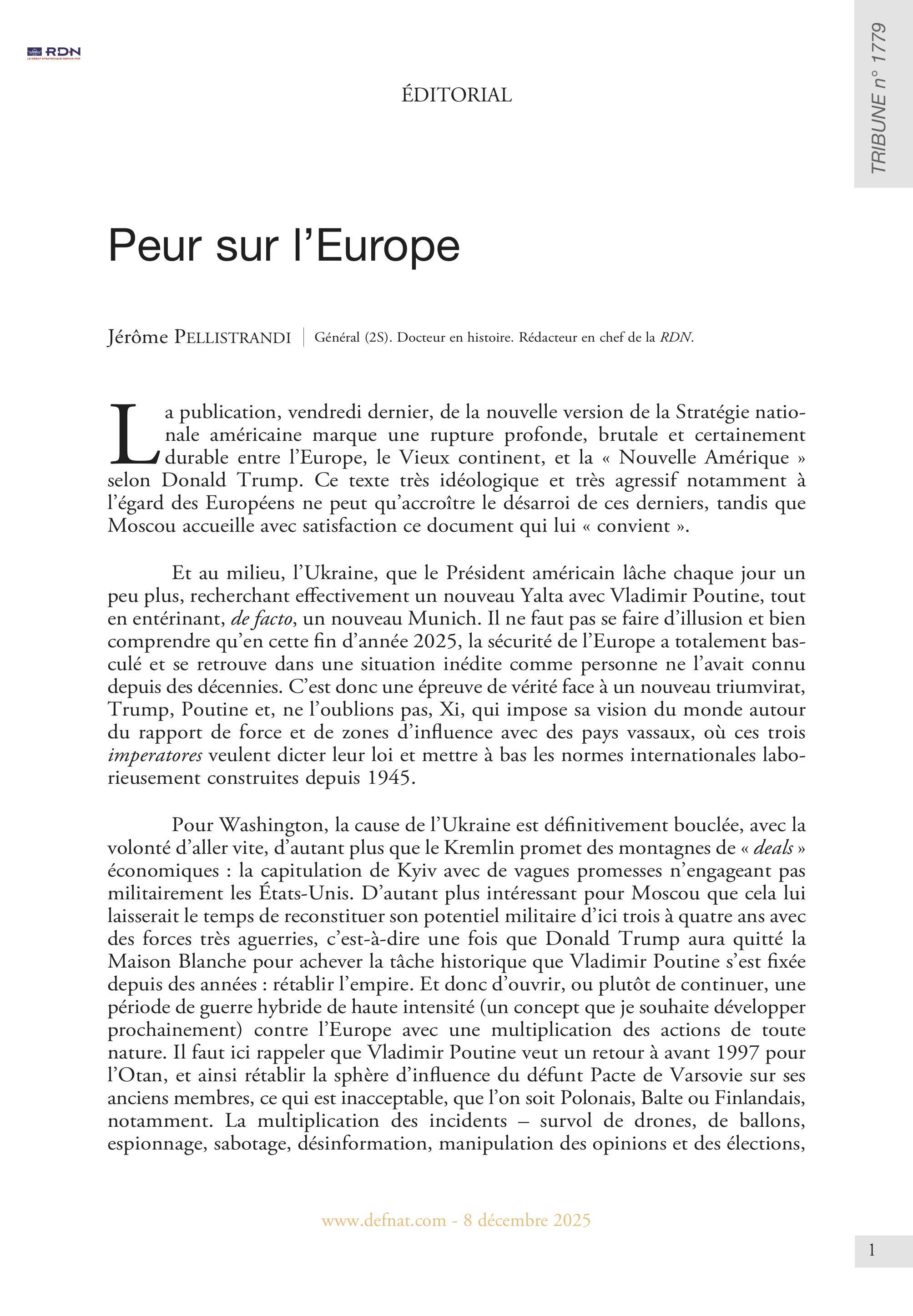 &Eacute;ditorial &ndash;&nbsp;Peur sur&nbsp;l&rsquo;Europe (T&nbsp;1779)
